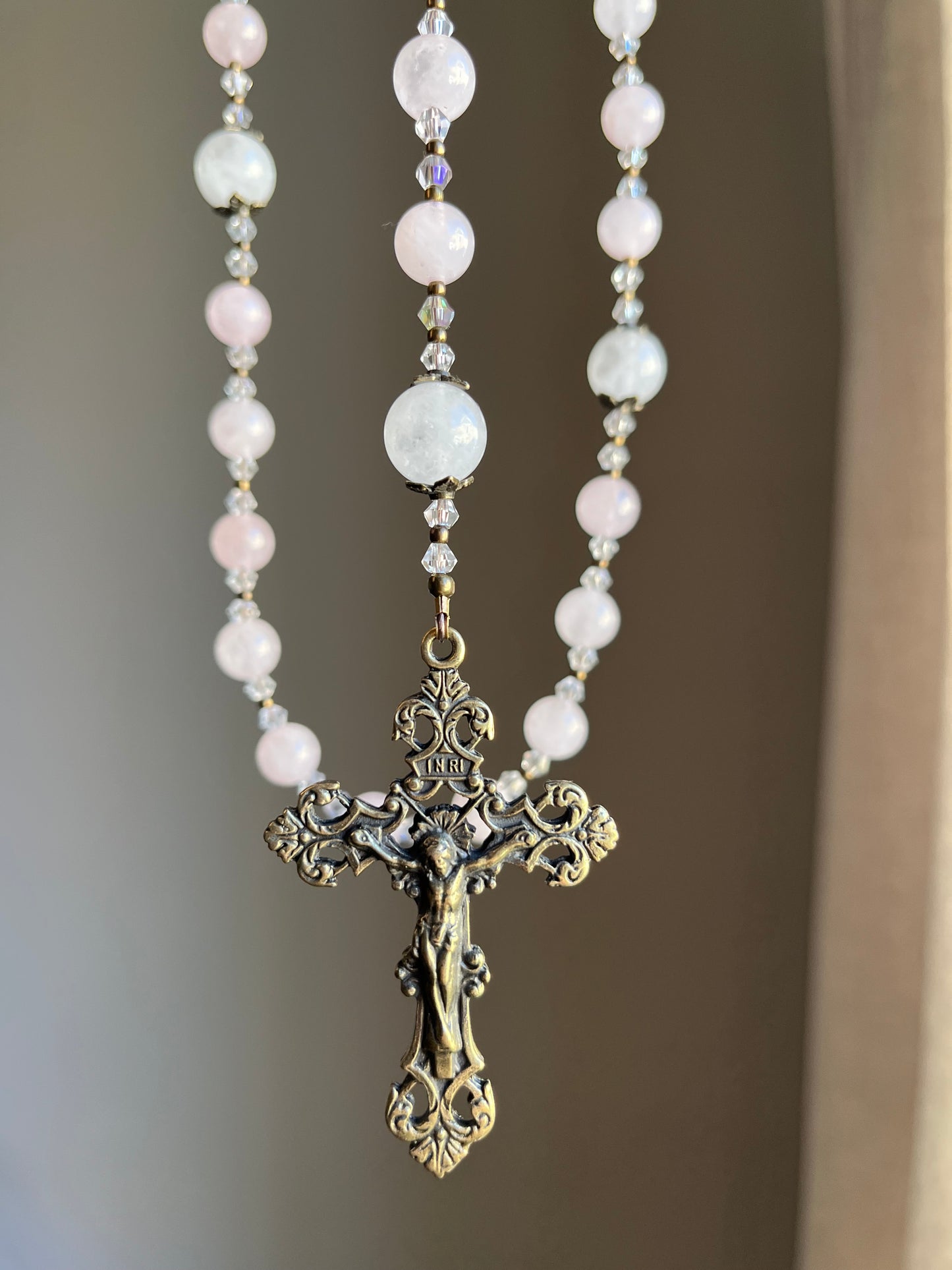 Pink Rose Quartz Holy Family Rosary