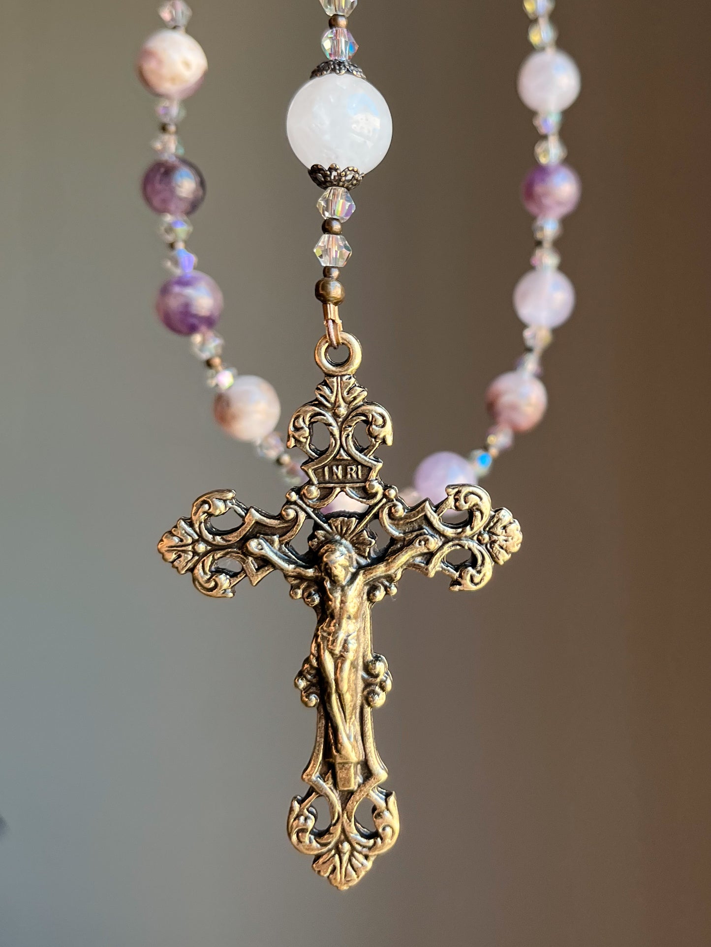 Chevron Amethyst Five-Decade Rosary with Fleur-de-Lis Crucifix