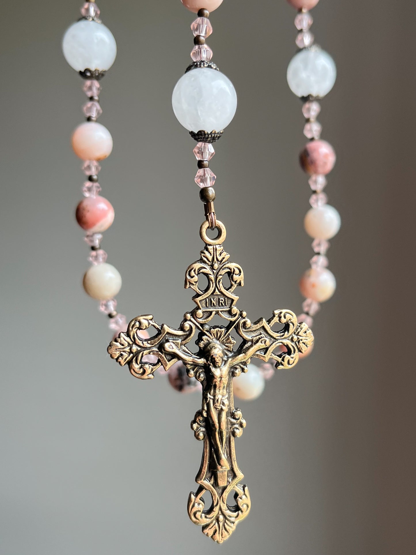 Blush Madonna & Child Rosary – Pink Marbled Stone Beads with Crystal Spacers and Fleur-de-Lis Crucifix