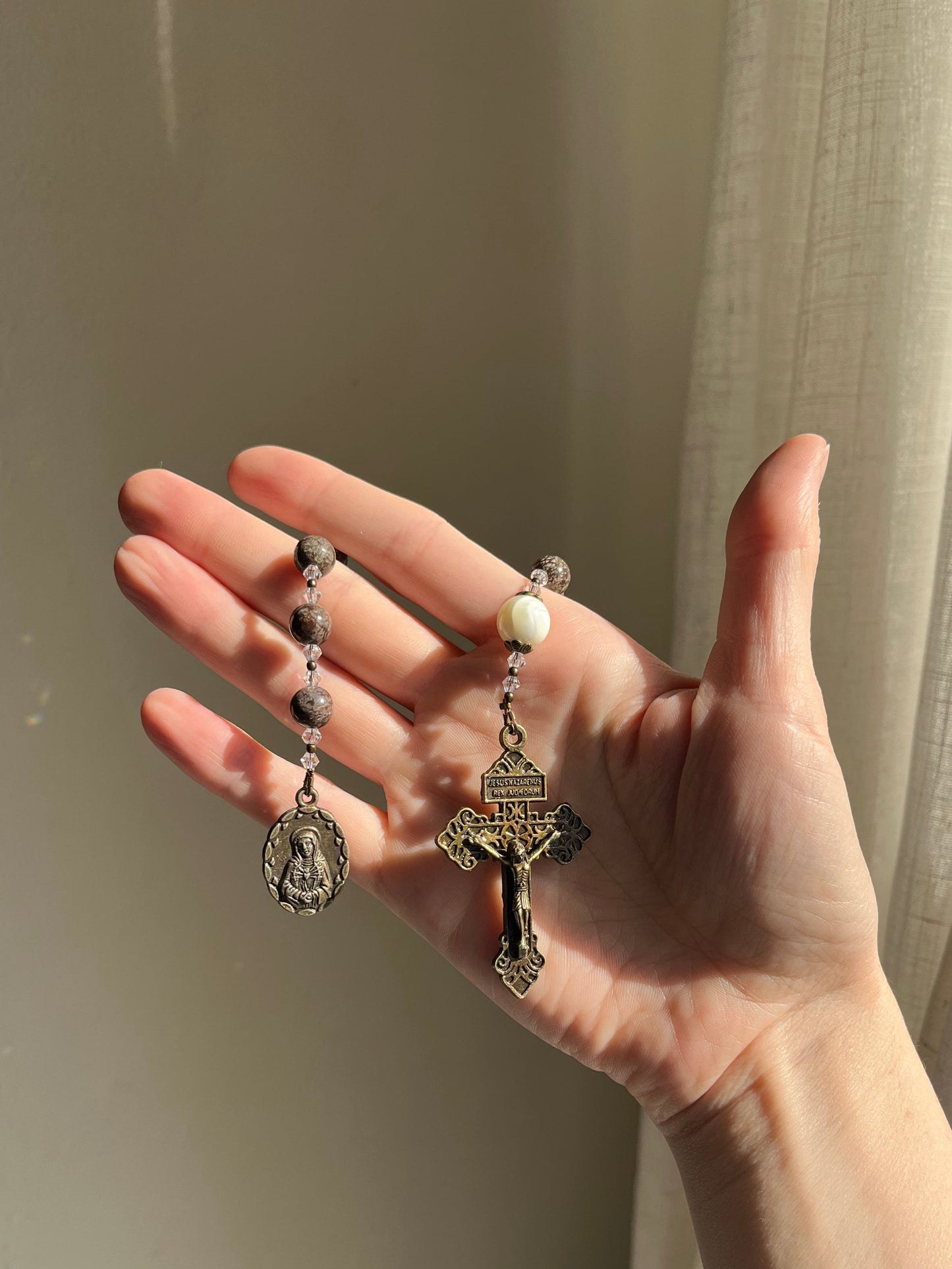 Handmade Brown Snowflake Obsidian Tenner Rosary – Antique Bronze