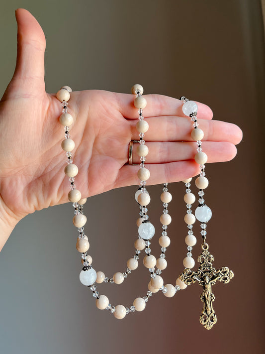 Holy Family Brass Rosary with Fossil Jasper Beads | Italian Centerpiece & Fleur-de-Lis Crucifix