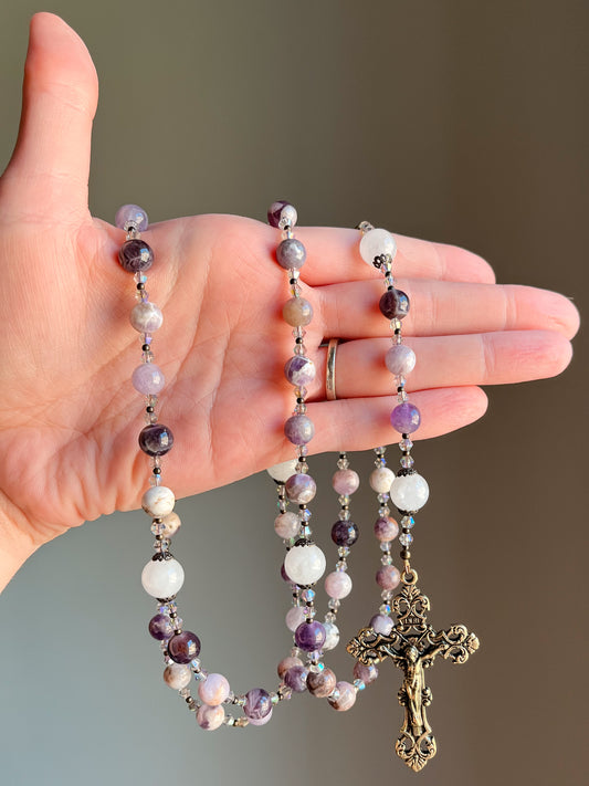 Chevron Amethyst Five-Decade Rosary with Fleur-de-Lis Crucifix