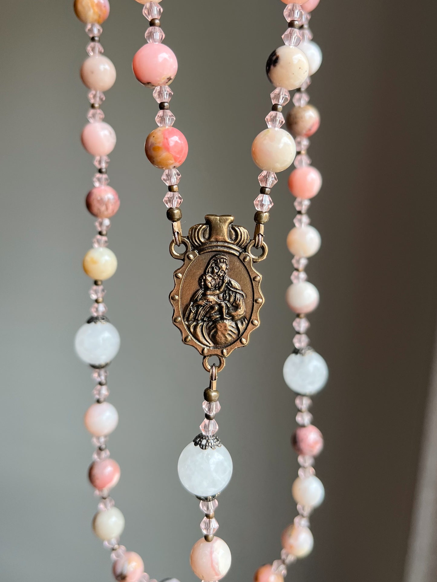 Blush Madonna & Child Rosary – Pink Marbled Stone Beads with Crystal Spacers and Fleur-de-Lis Crucifix