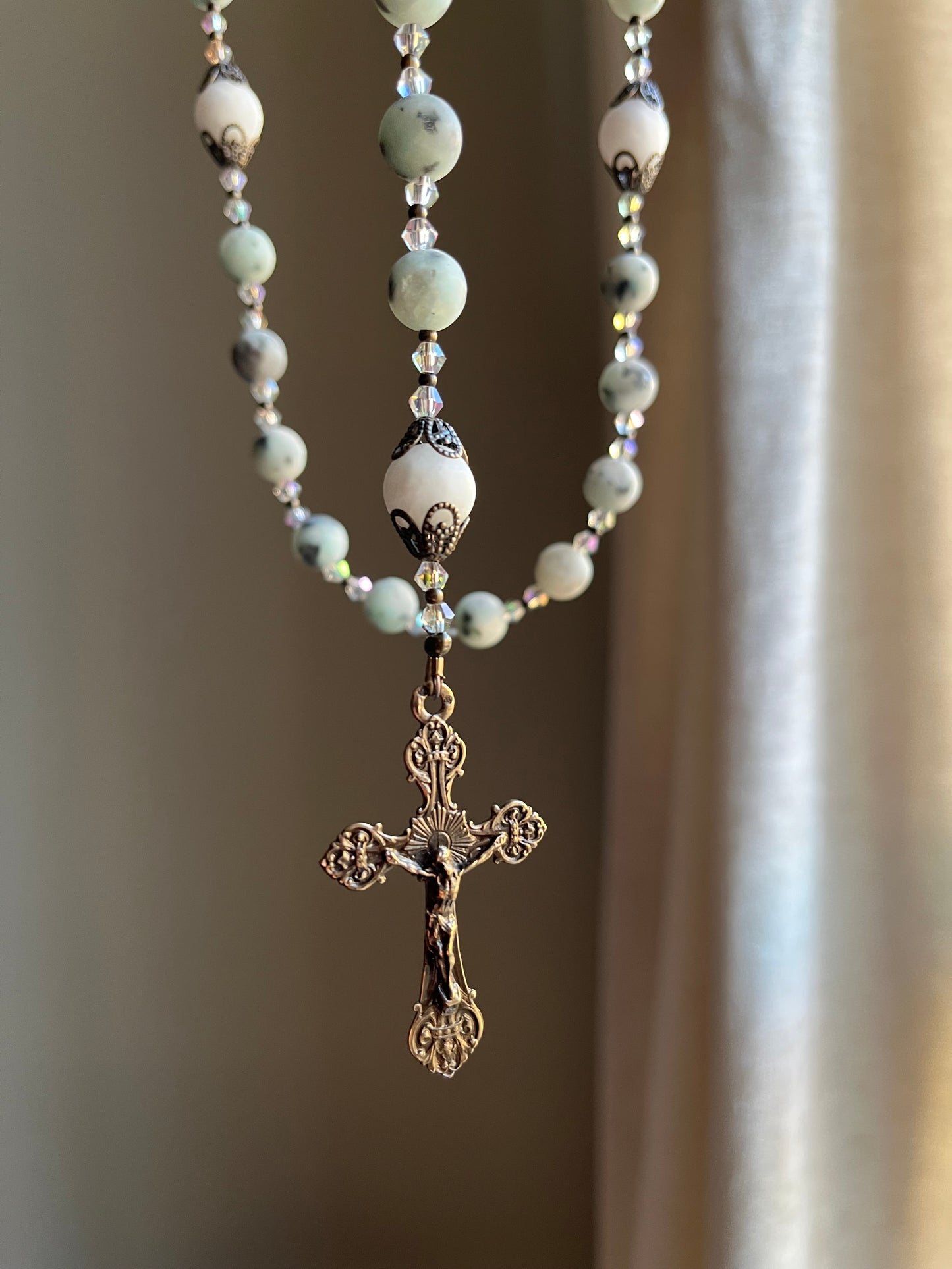Matte Kiwi Jasper Full Decade Rosary with Bronze Thistle Centerpiece