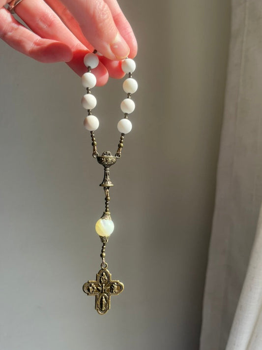 Handmade White Matte Jasper Pocket Rosary – Holy Communion Chalice Centerpiece, Antique Bronze