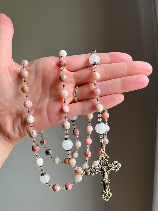 Blush Madonna & Child Rosary – Pink Marbled Stone Beads with Crystal Spacers and Fleur-de-Lis Crucifix