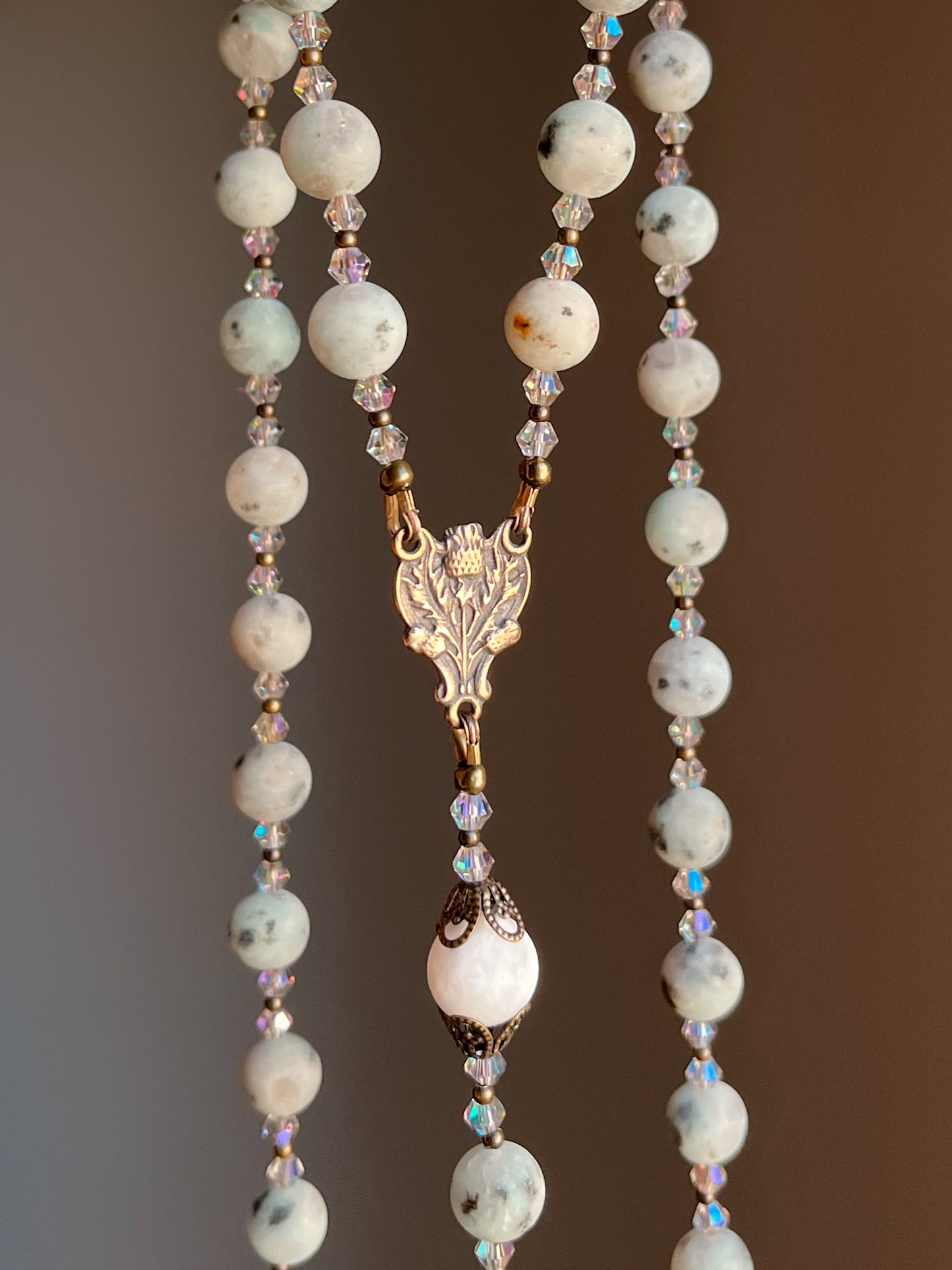 Matte Kiwi Jasper Full Decade Rosary with Bronze Thistle Centerpiece