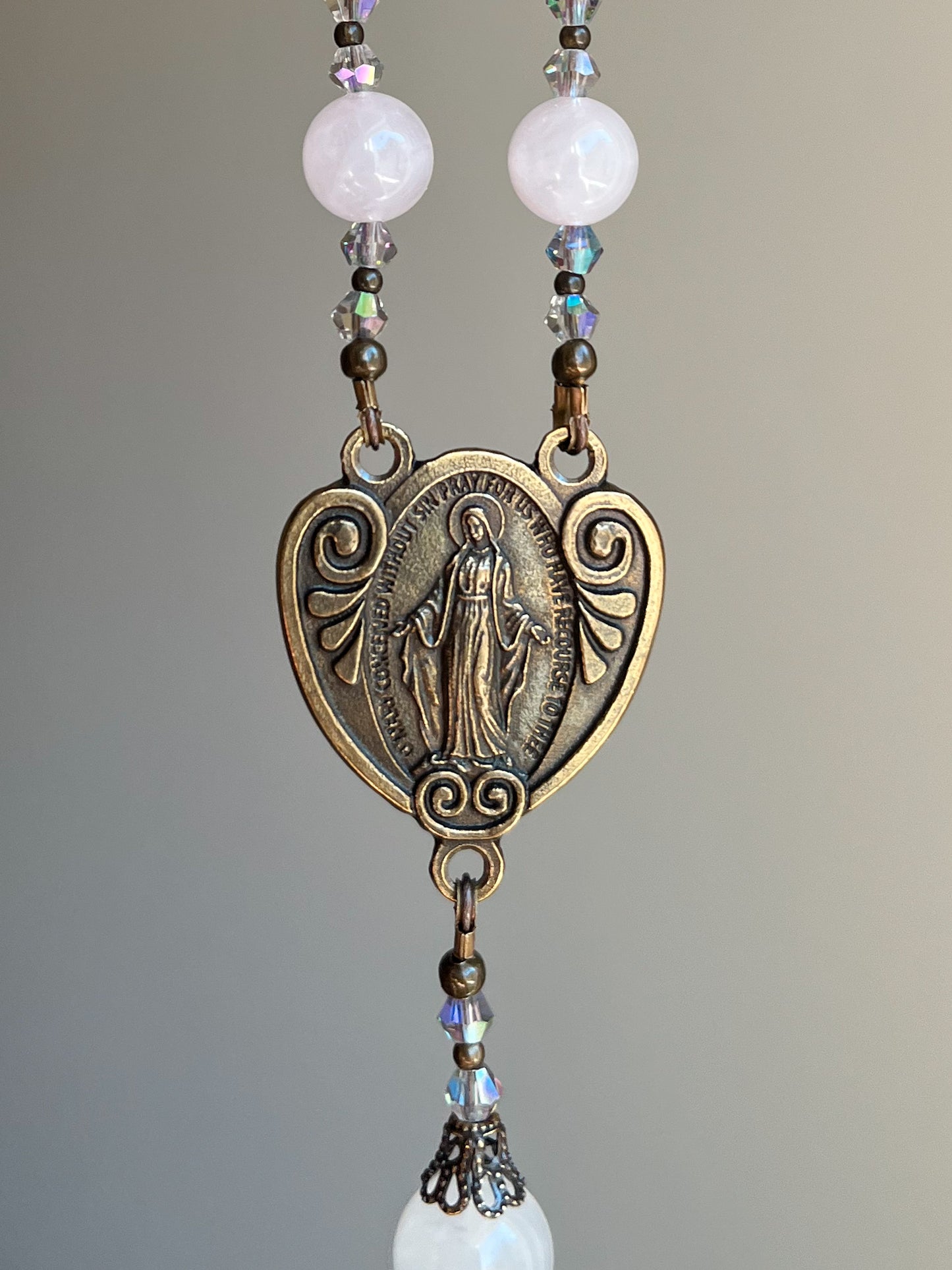 Pink Quartz Miraculous Medal Car Rosary