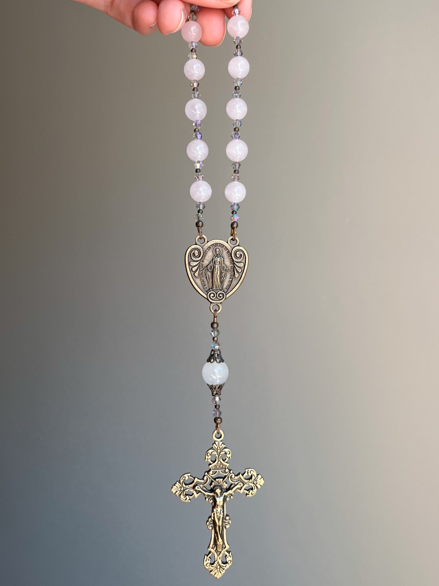 Pink Quartz Miraculous Medal Car Rosary