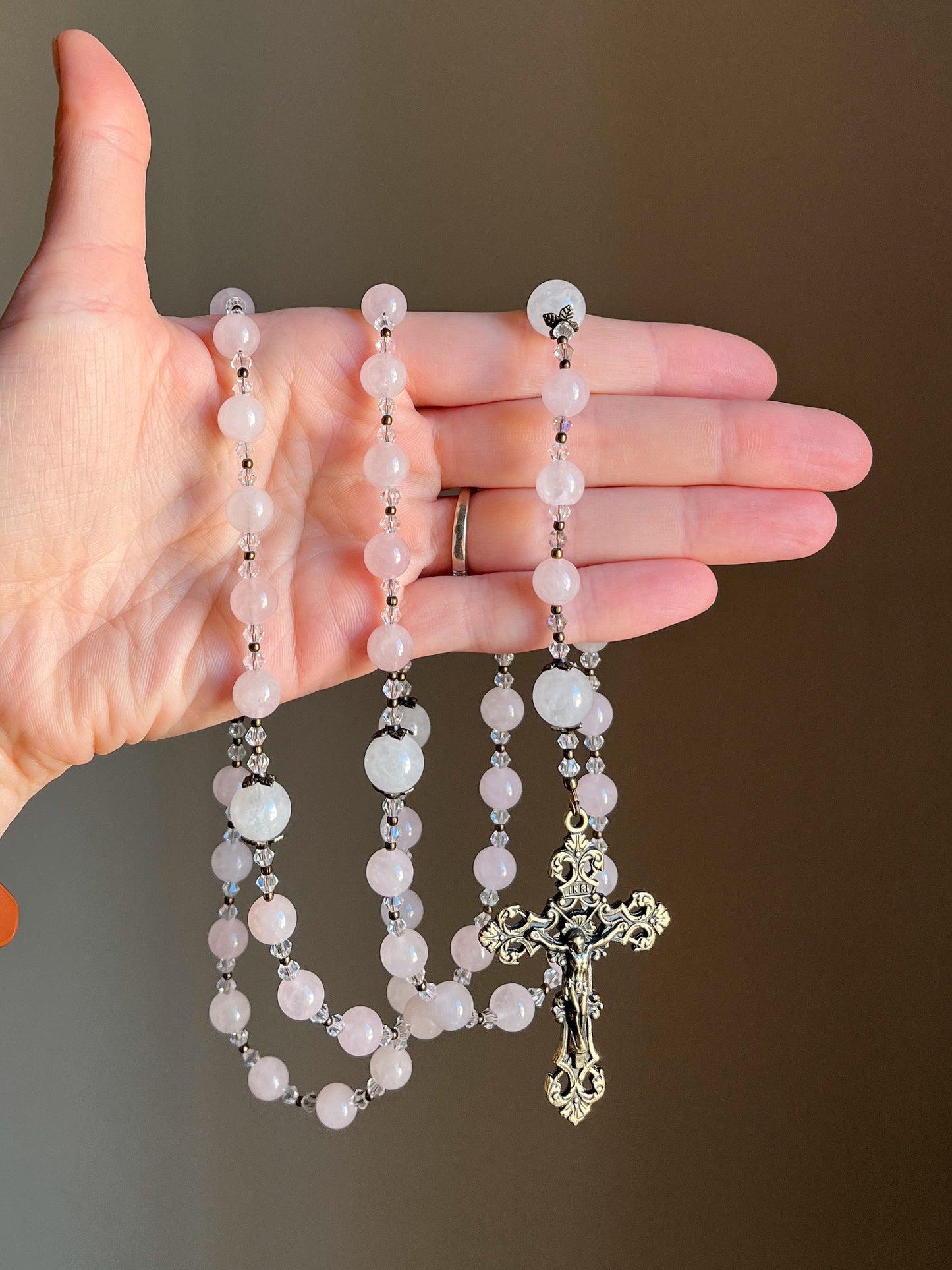 Pink Rose Quartz Holy Family Rosary
