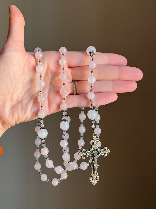 Pink Rose Quartz Holy Family Rosary