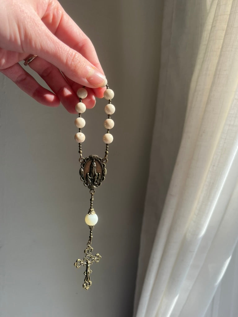 Handmade Sand Jasper Pocket Rosary – Our Lady of Fatima Centerpiece, Antique Bronze