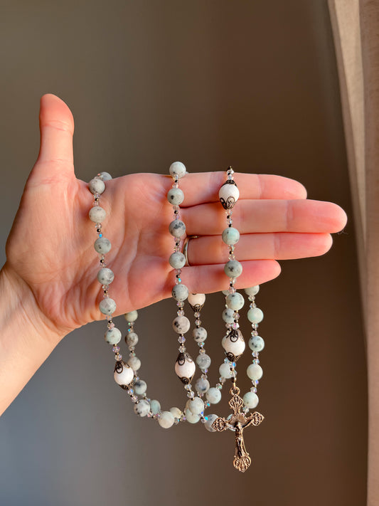 Matte Kiwi Jasper Full Decade Rosary with Bronze Thistle Centerpiece