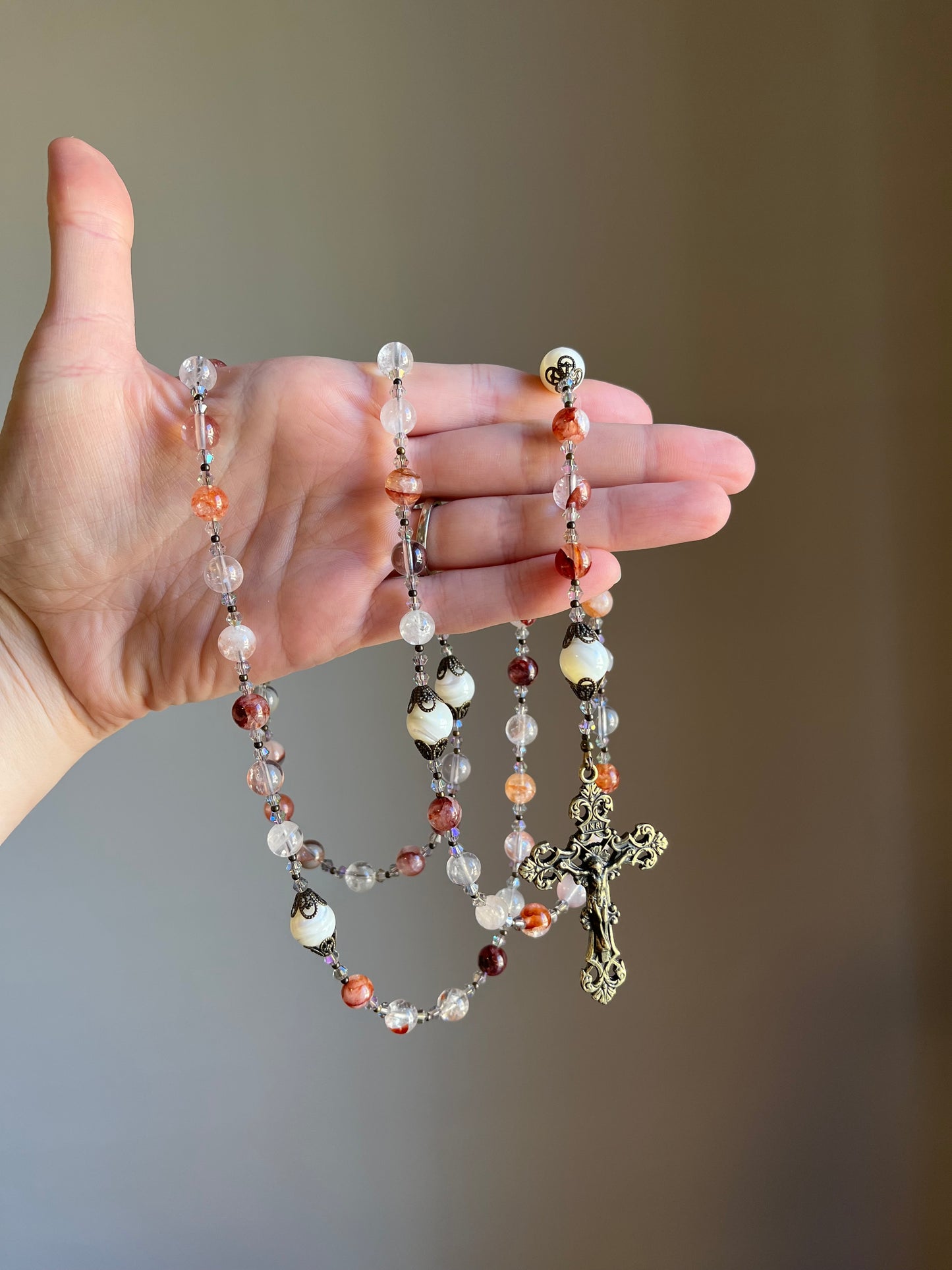 Red Lepidolite Rosary with Our Lady of Fatima Centerpiece and Ornate Brass Crucifix