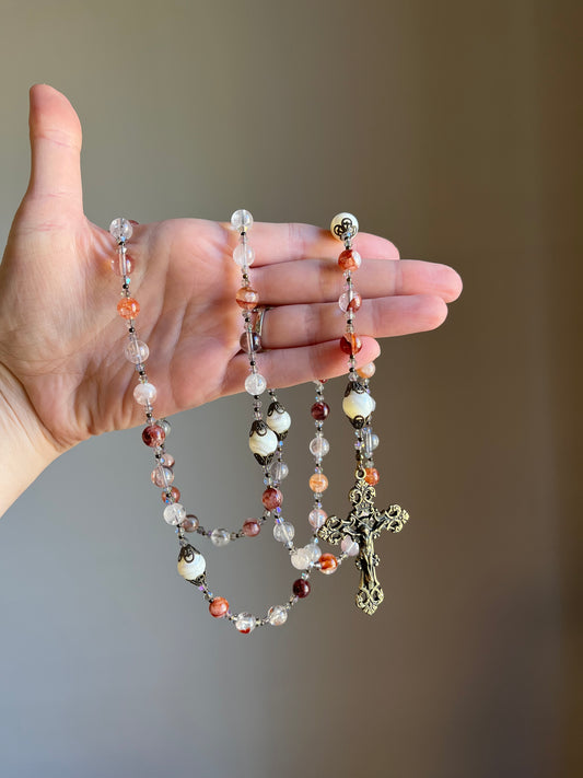 Red Lepidolite Rosary with Our Lady of Fatima Centerpiece and Ornate Brass Crucifix
