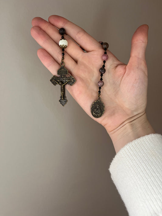 Handmade Rhodonite Tenner Rosary with Our Lady of Sorrows Medal – Antique Bronze
