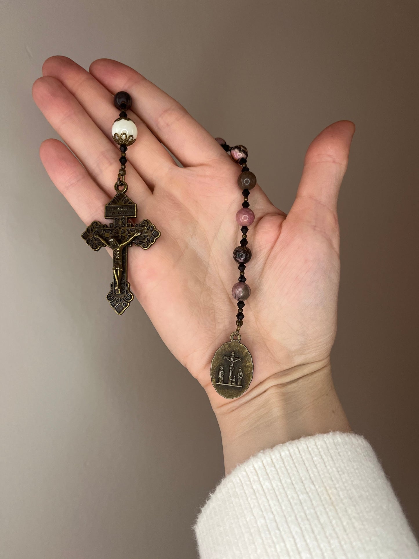 Handmade Rhodonite Tenner Rosary with Our Lady of Sorrows Medal – Antique Bronze