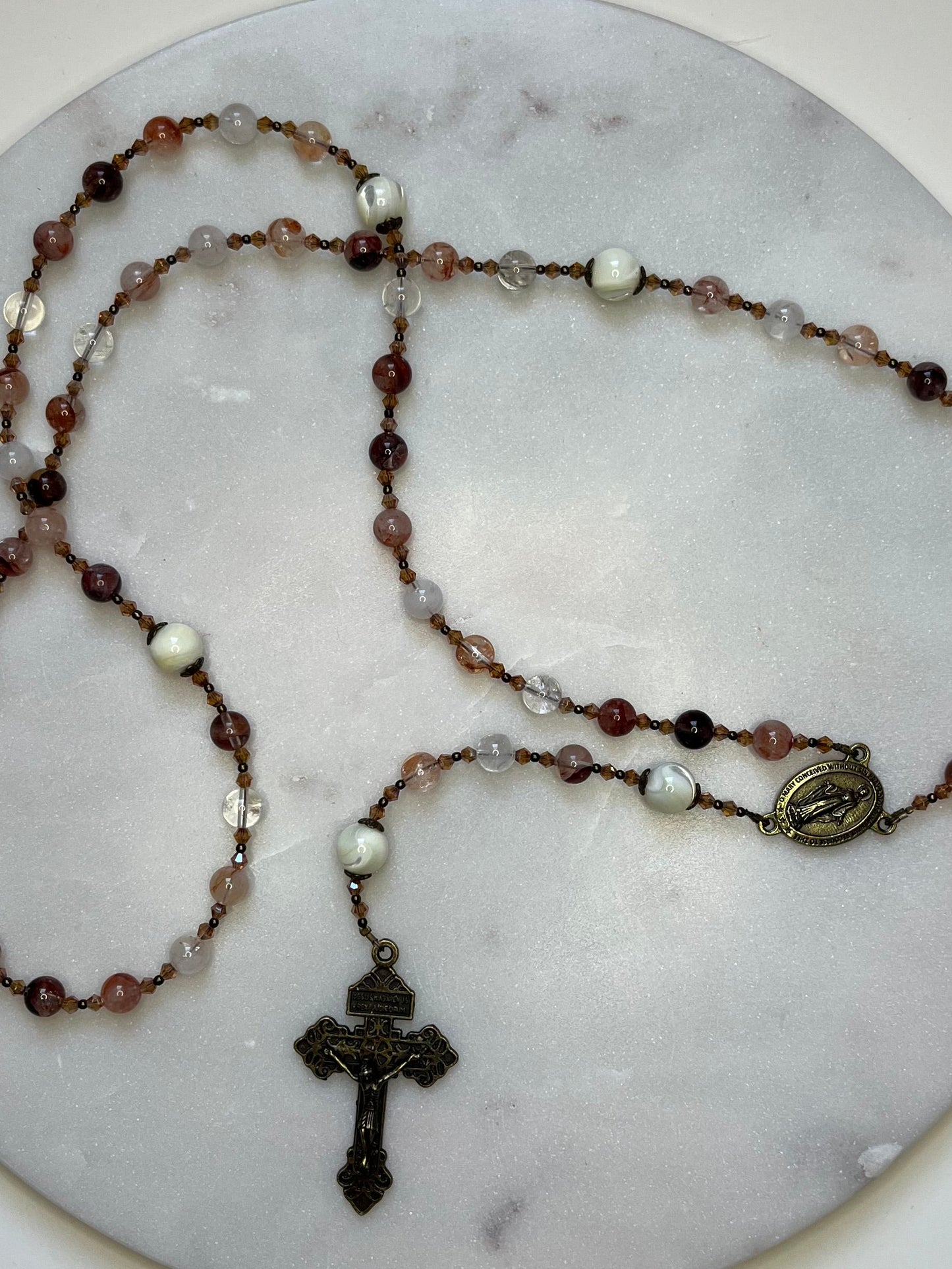 Handmade Red Lepidocrocite Hematoid Quartz Rosary – Antique Bronze
