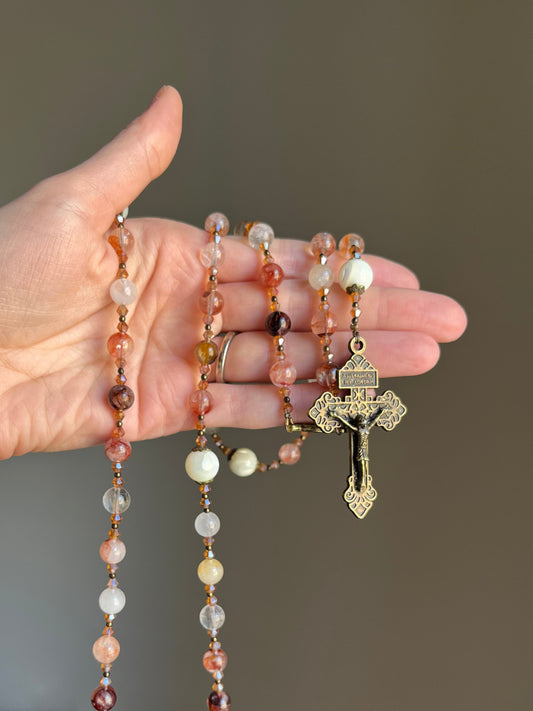 Handmade Red Lepidocrocite Hematoid Quartz Rosary – Antique Bronze