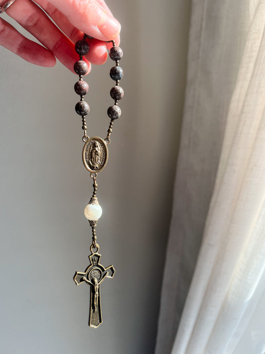 Handmade Brown Snowflake Obsidian Pocket Rosary – Our Lady of Guadalupe Centerpiece, Antique Bronze